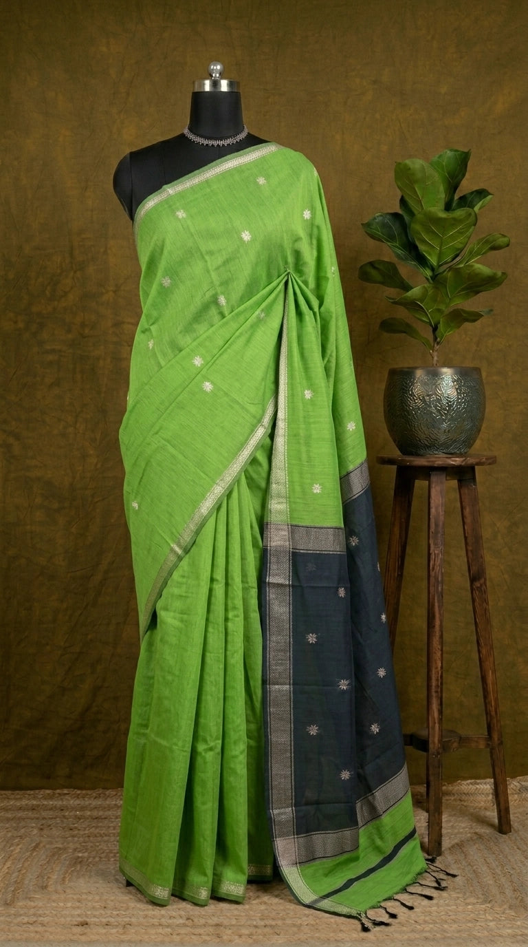 Grass Green Semi Maheshwari Silk Cotton Saree 