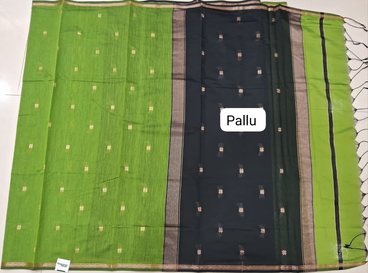 Grass Green Semi Maheshwari Silk Cotton Saree Pallu