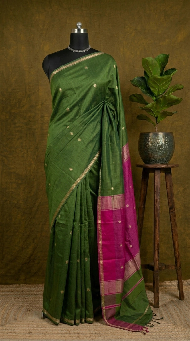 Traditional Mehandi Green Semi Maheshwari Silk Cotton Saree 