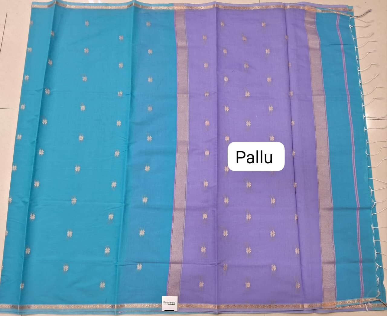 Sea Blue Semi Maheshwari Silk Cotton Saree Pallu