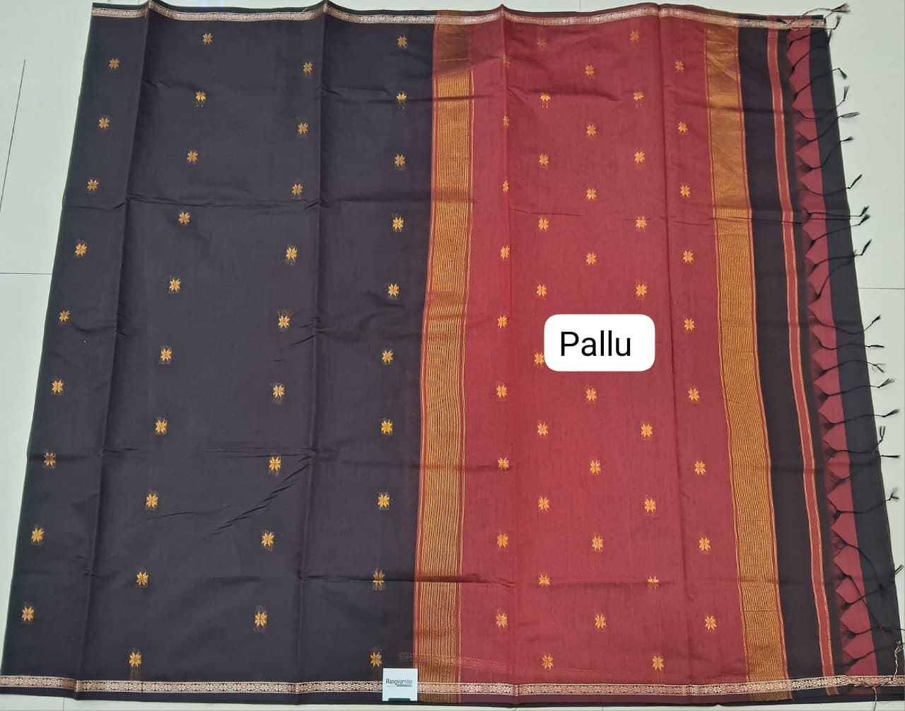 Black Semi Maheshwari Silk Cotton Saree Pallu