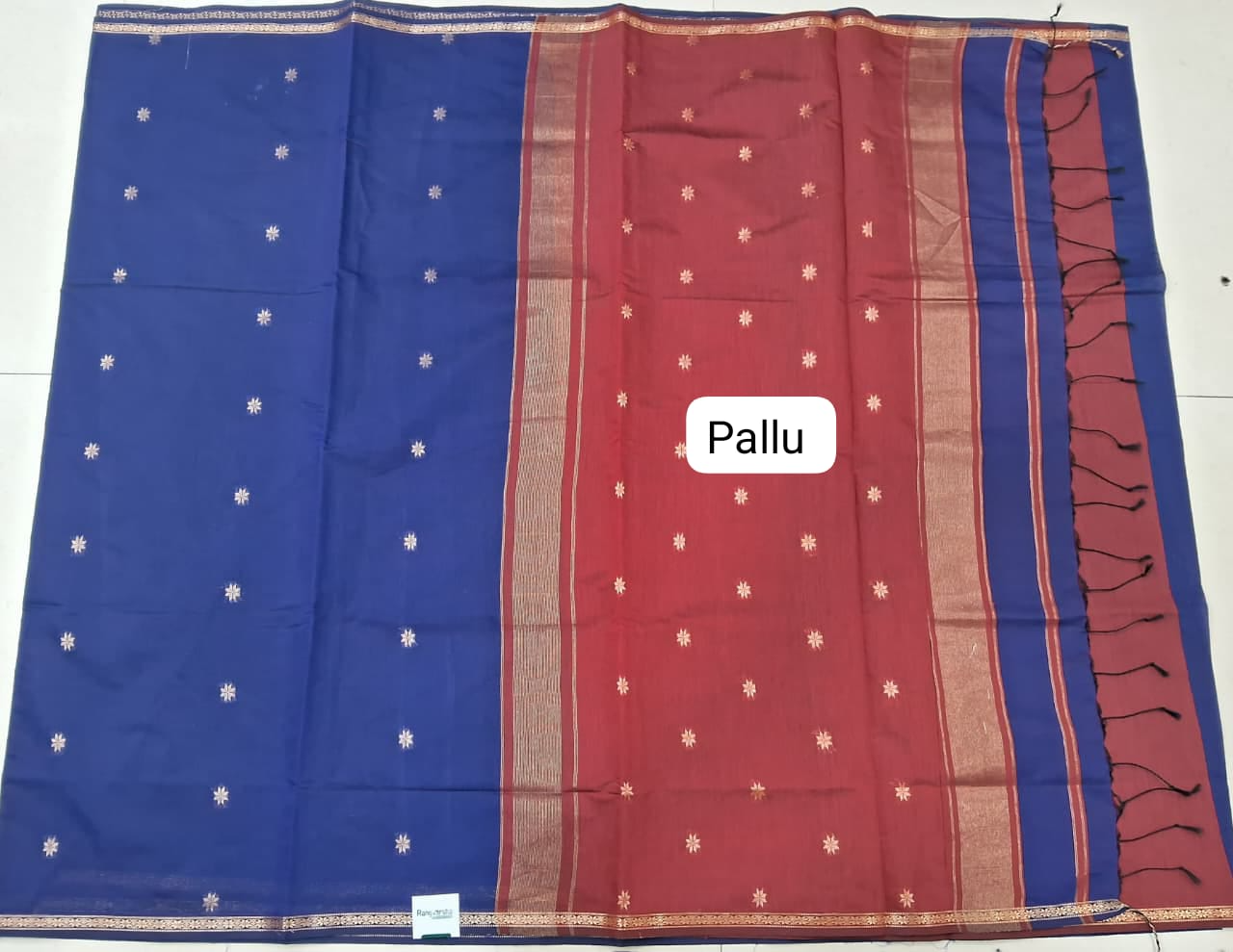 Indigo Blue Semi Maheshwari Silk Cotton Saree Pallu