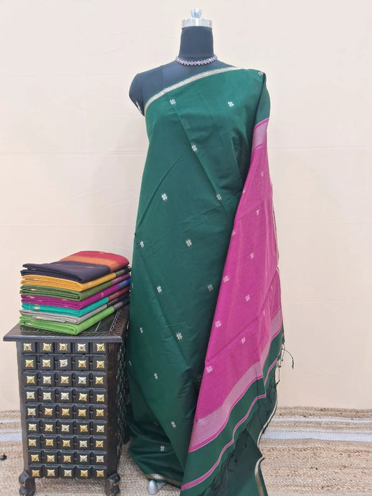 Dark Green Semi Maheshwari Silk Cotton Saree 