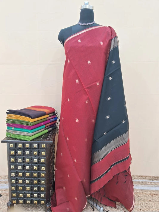 Brick Red Semi Maheshwari Silk Cotton Saree 