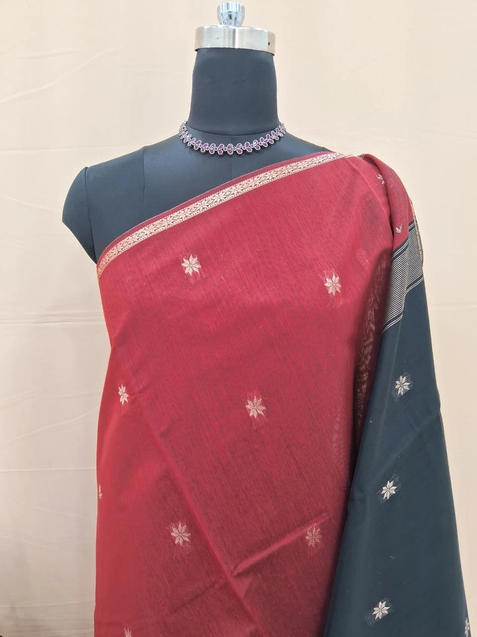 Brick Red Semi Maheshwari Silk Cotton Saree 1