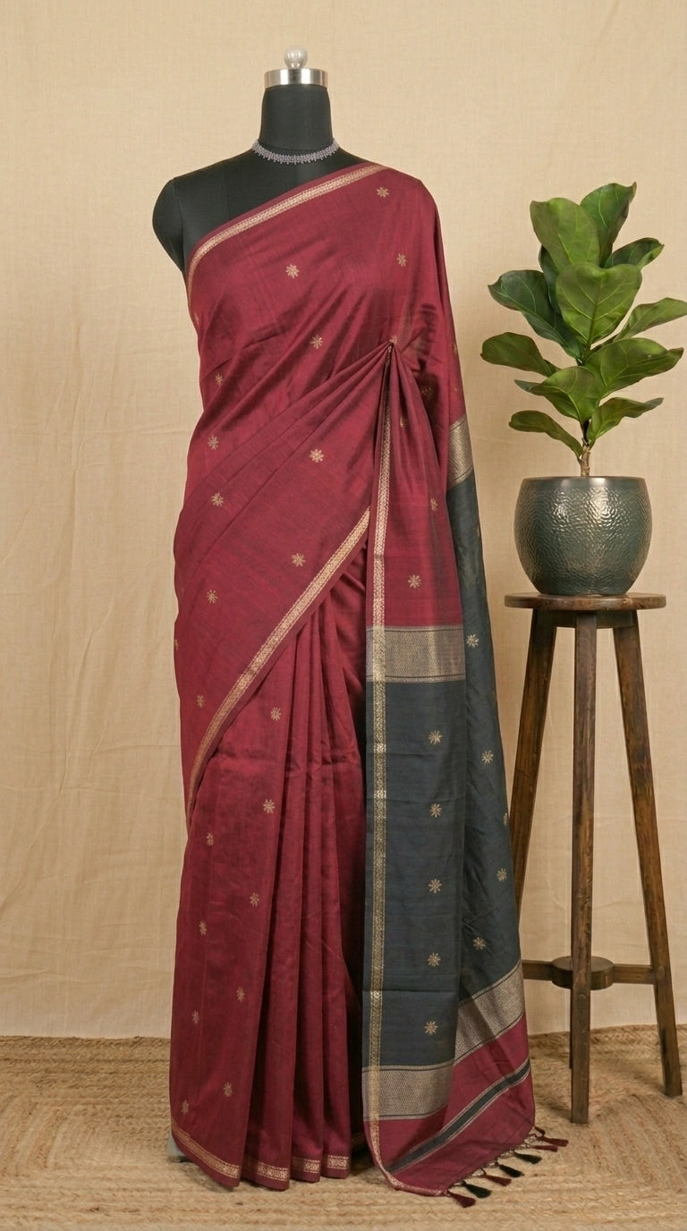 Brick Red Semi Maheshwari Silk Cotton Saree 
