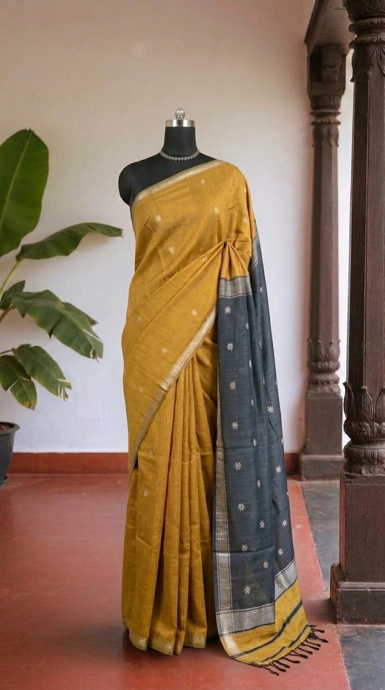 Mustard Yellow Semi Maheshwari Silk Cotton Saree 