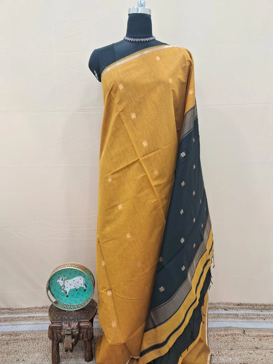 Mustard Yellow Semi Maheshwari Silk Cotton Saree 