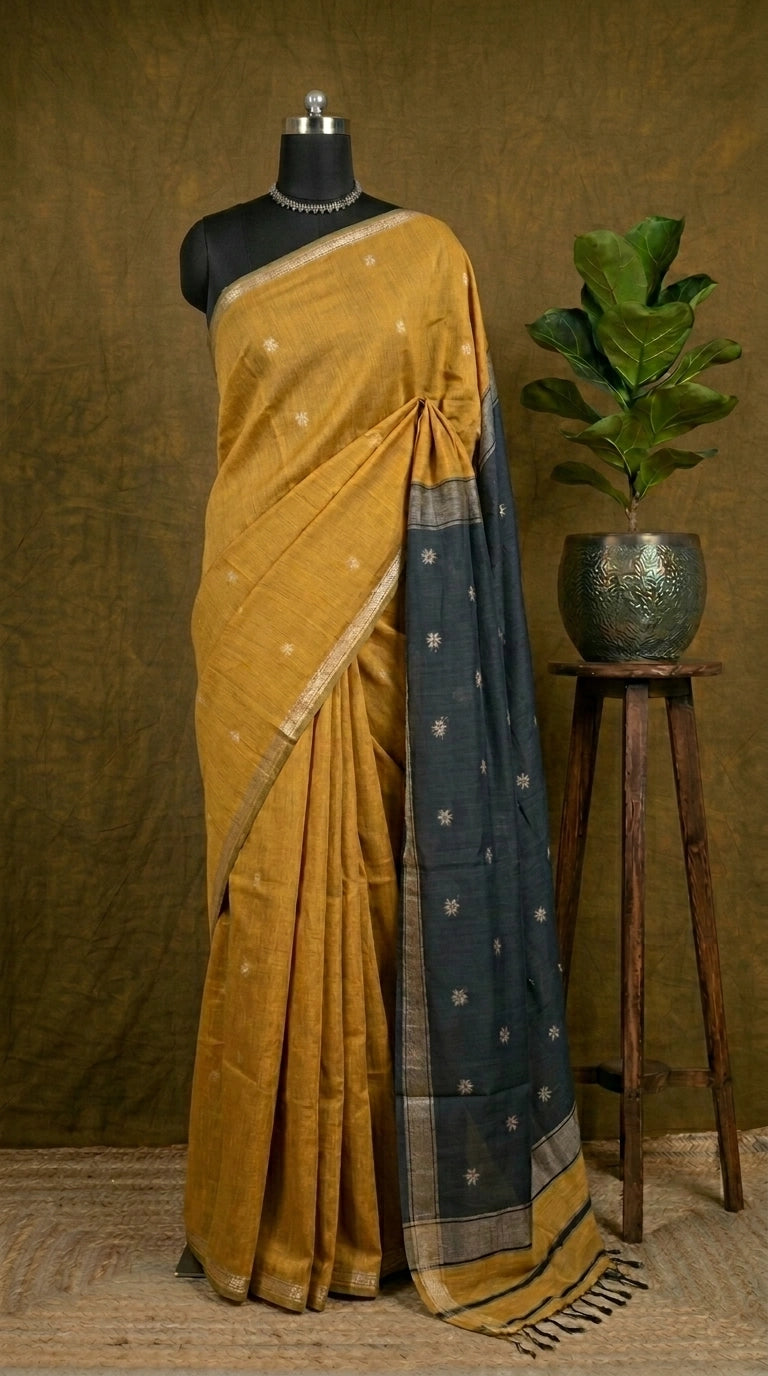 Mustard Yellow Semi Maheshwari Silk Cotton Saree 