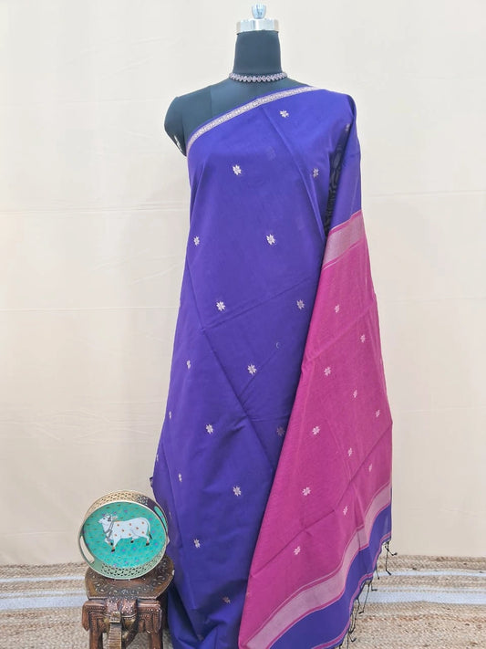 Royal Blue Semi Maheshwari Silk Cotton Saree 
