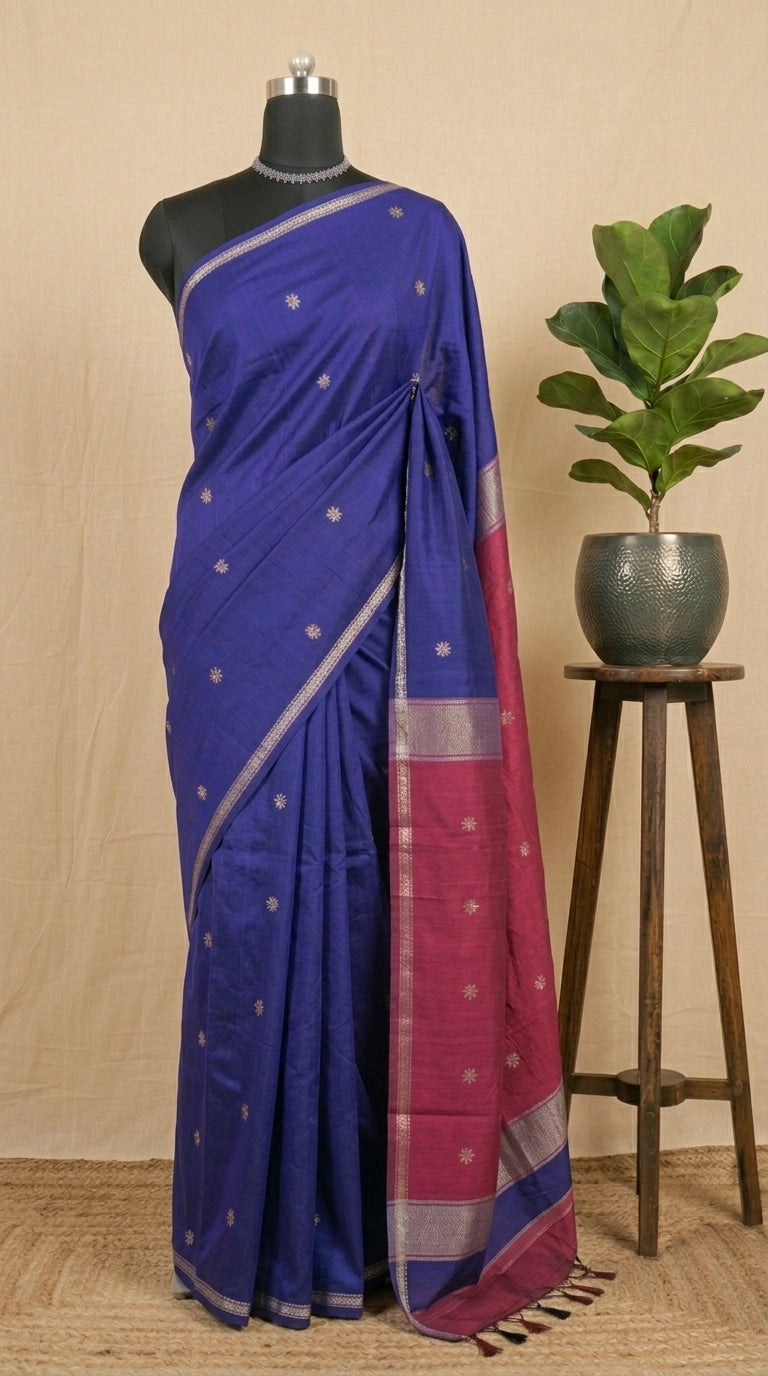 Royal Blue Semi Maheshwari Silk Cotton Saree 
