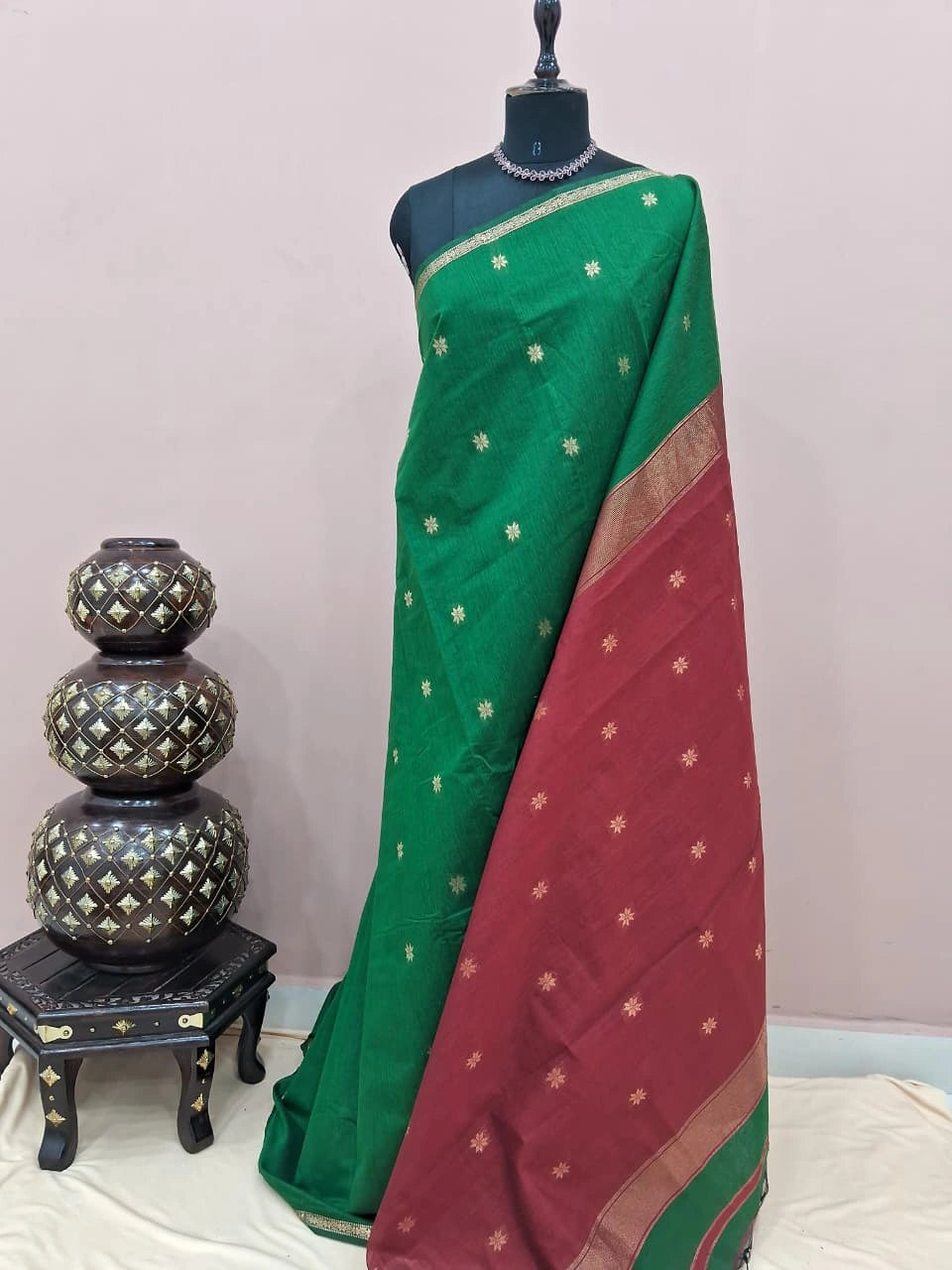 Bottle Green Semi Maheshwari Silk Cotton Saree
