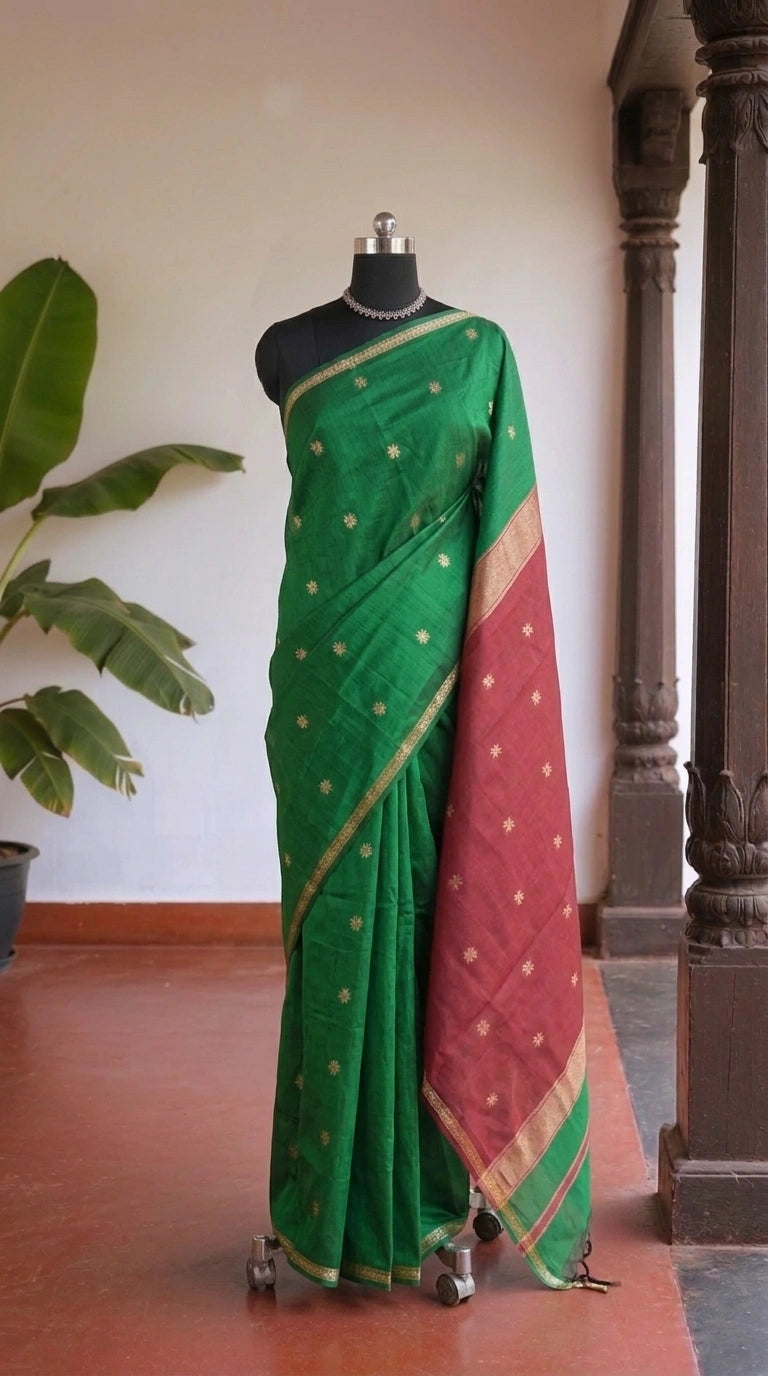 Bottle Green Semi Maheshwari Silk Cotton Saree