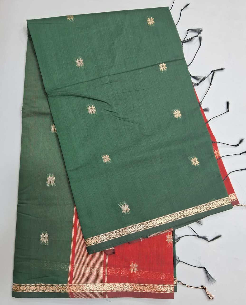 Bottle Green Semi Maheshwari Silk Cotton Saree