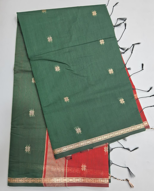 Bottle Green Semi Maheshwari Silk Cotton Saree
