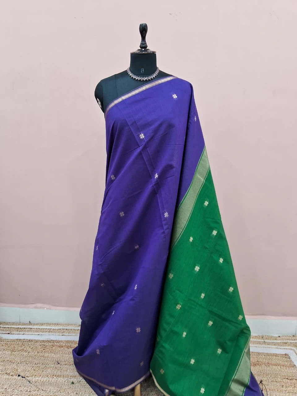 Elegant Indigo Blue Semi Maheshwari Silk Cotton Saree 