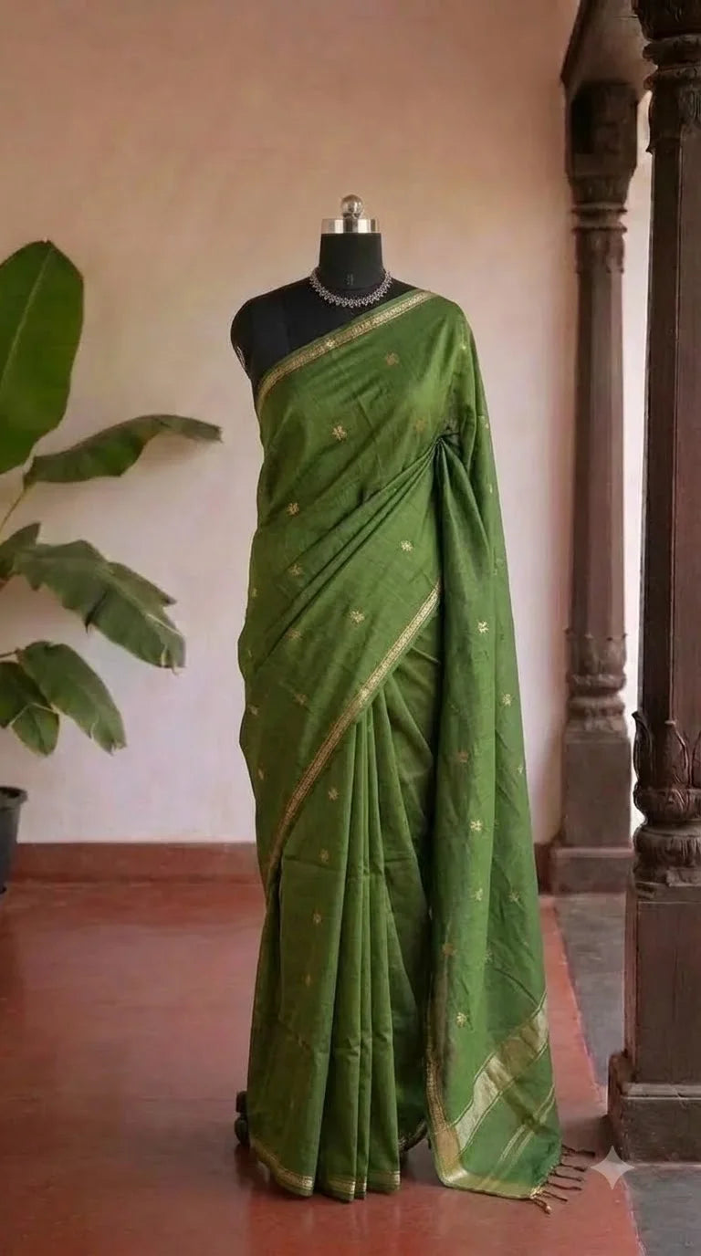 Mehandi Green Semi Maheshwari Silk Cotton Saree 