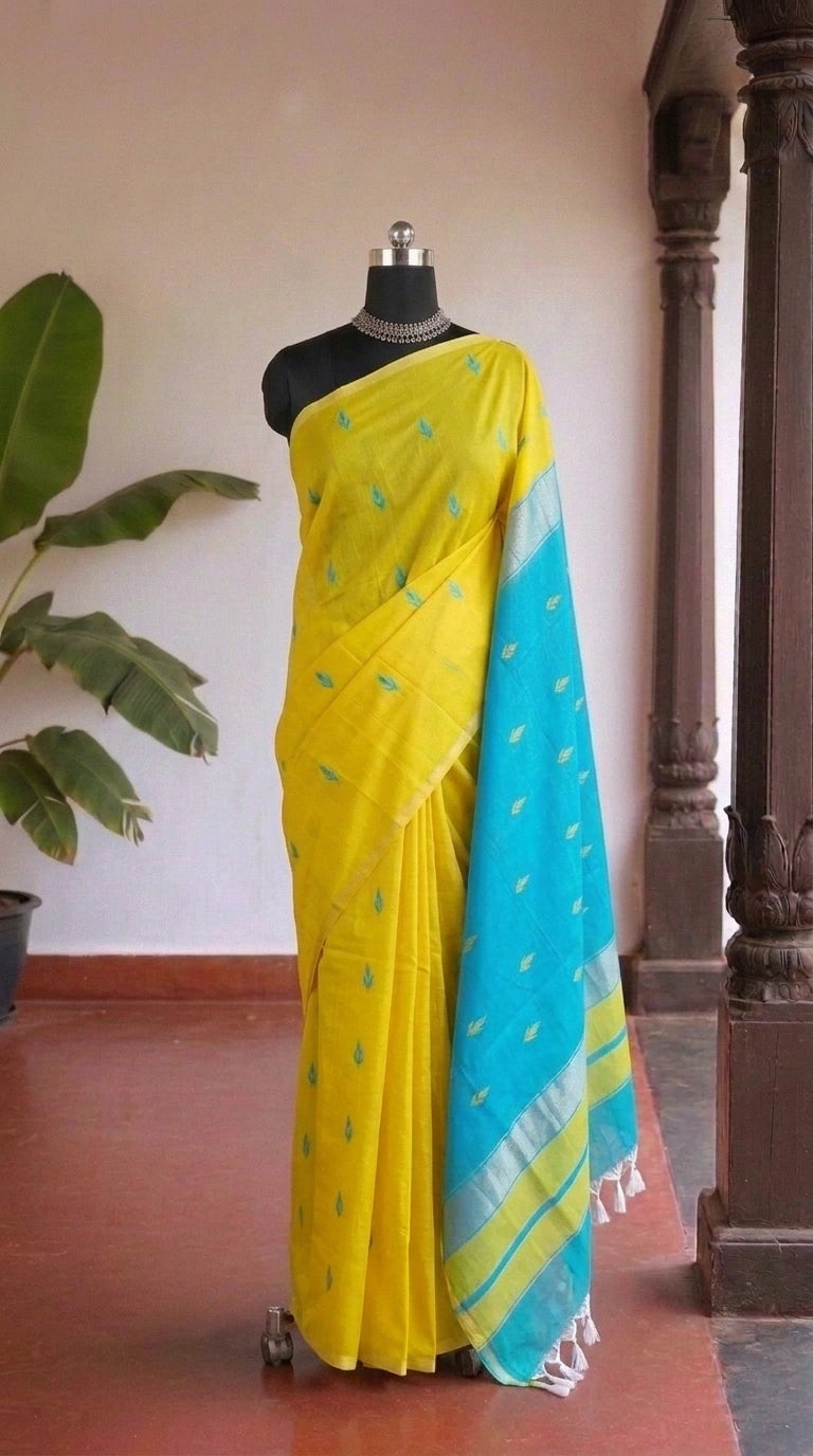 Lemon Yellow Semi Maheshwari Silk Cotton Saree