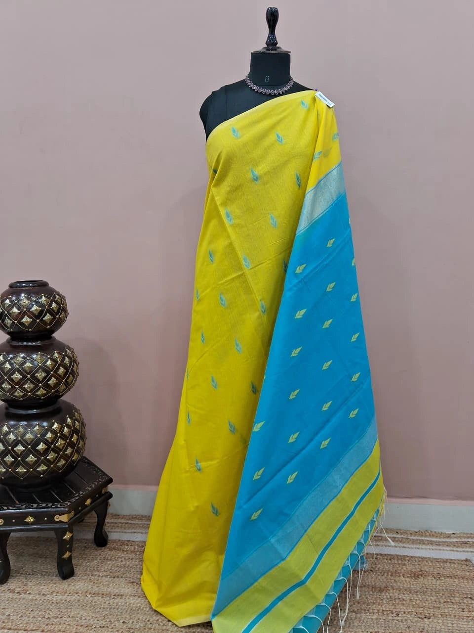 Lemon Yellow Semi Maheshwari Silk Cotton Saree