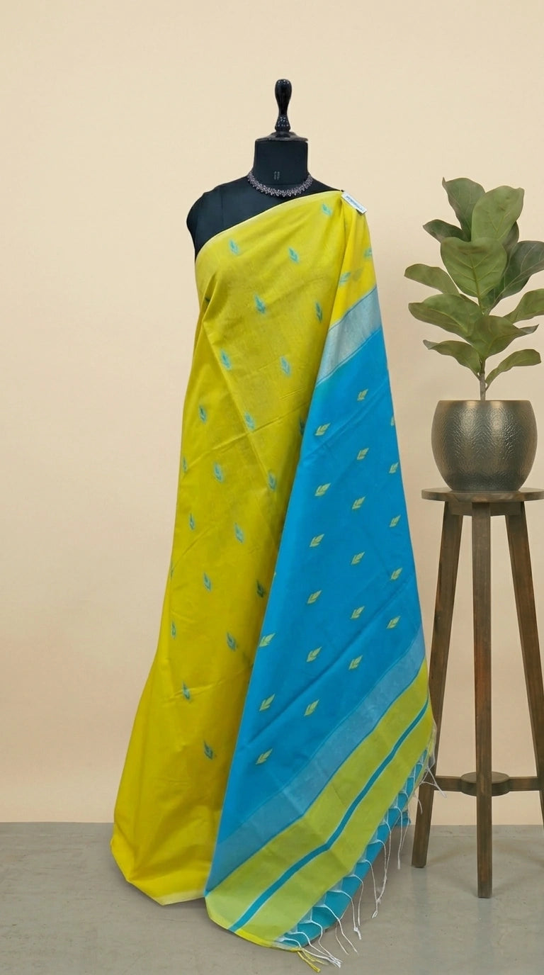 Lemon Yellow Semi Maheshwari Silk Cotton Saree