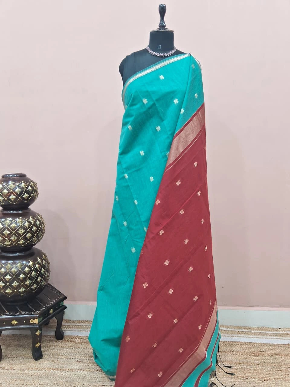 Sea Blue Semi Maheshwari Silk Cotton Saree