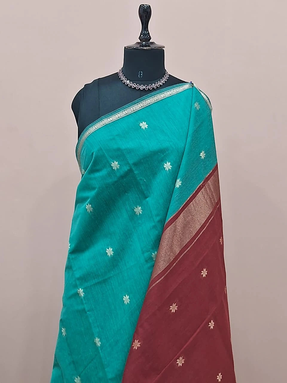 Sea Blue Semi Maheshwari Silk Cotton Saree 1