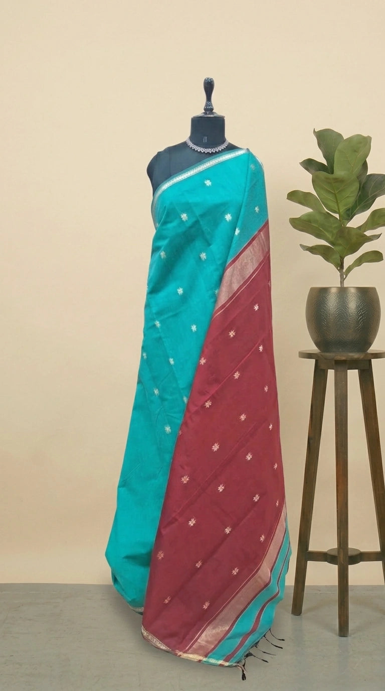 Sea Blue Semi Maheshwari Silk Cotton Saree