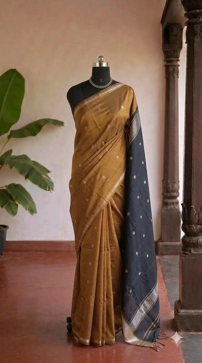 Golden Brown Semi Maheshwari Silk Cotton Saree 