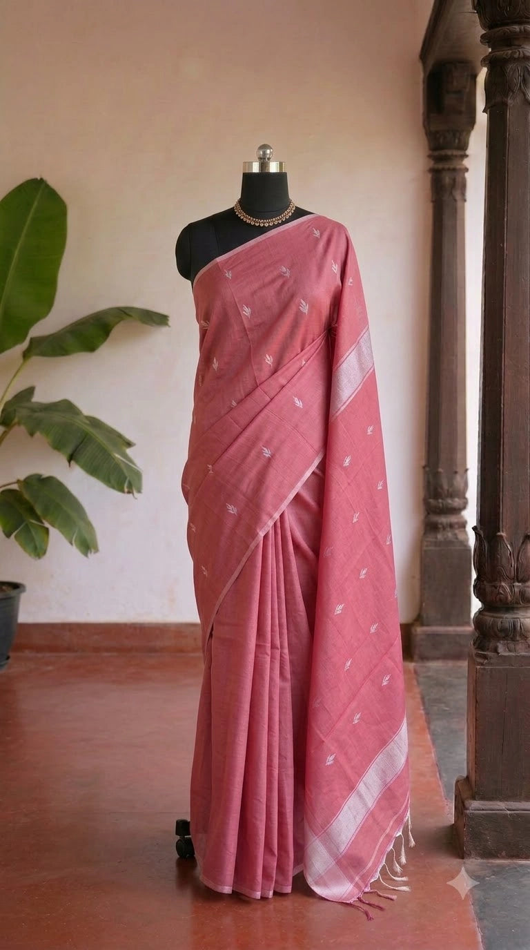 Pale Red Semi Maheshwari Silk Cotton Saree