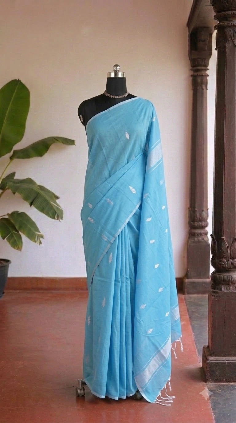 Baby Blue Semi Maheshwari Silk Cotton Saree