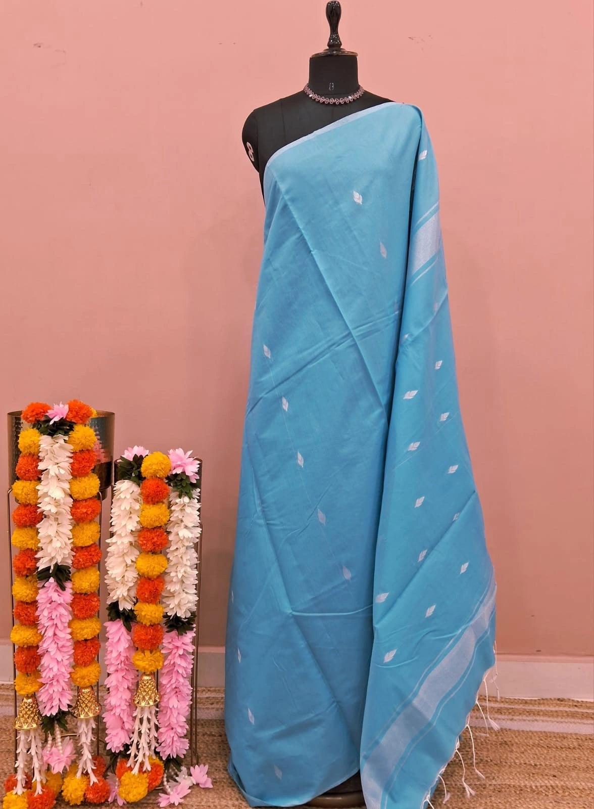 Baby Blue Semi Maheshwari Silk Cotton Saree