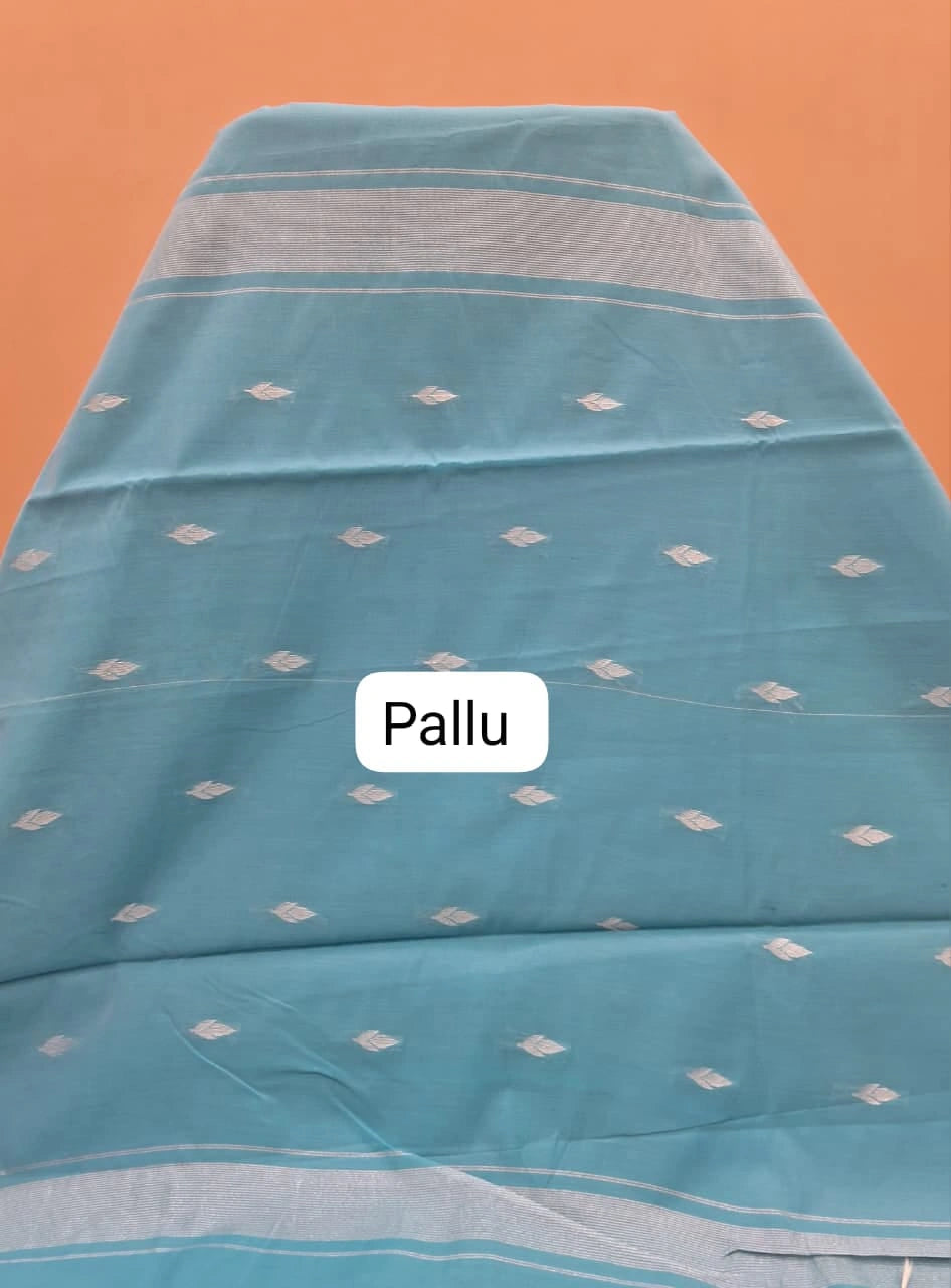Baby Blue Semi Maheshwari Silk Cotton Saree Pallu