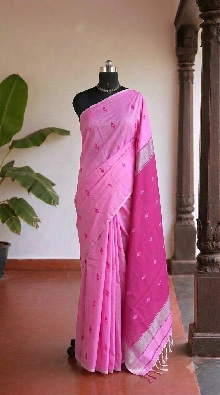 Elegant Baby Pink Semi Maheshwari Silk Cotton Saree 