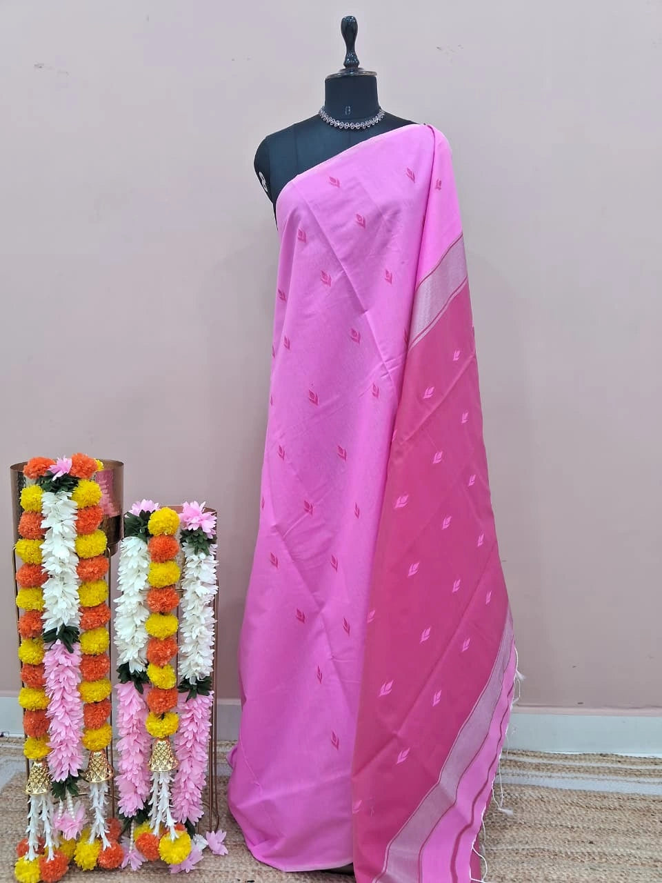 Elegant Baby Pink Semi Maheshwari Silk Cotton Saree 