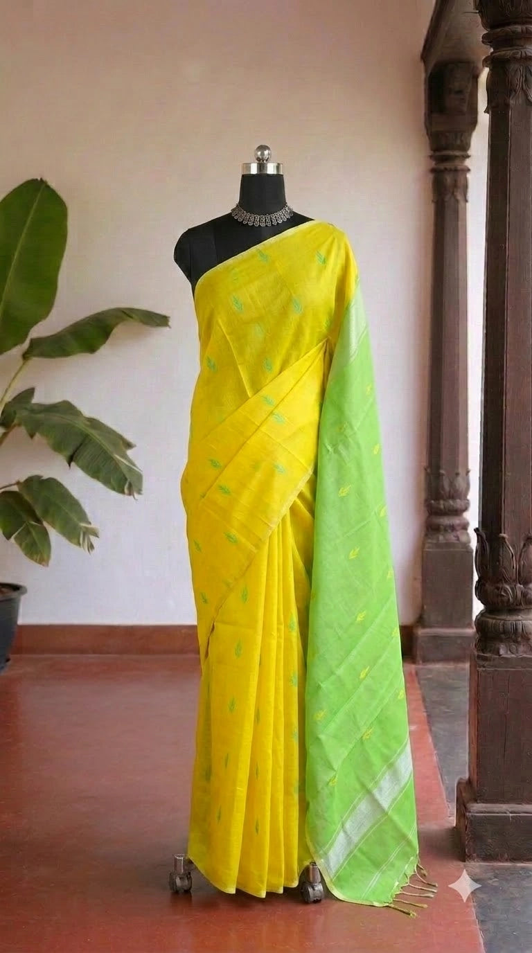 Lemon Yellow Semi Maheshwari Silk Cotton Saree