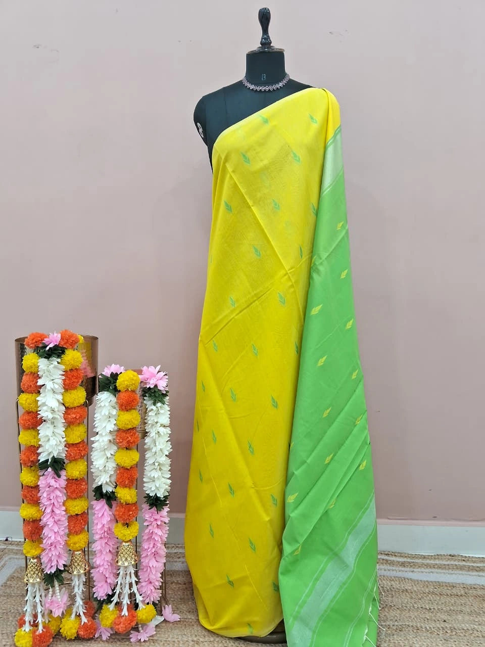 Lemon Yellow Semi Maheshwari Silk Cotton Saree