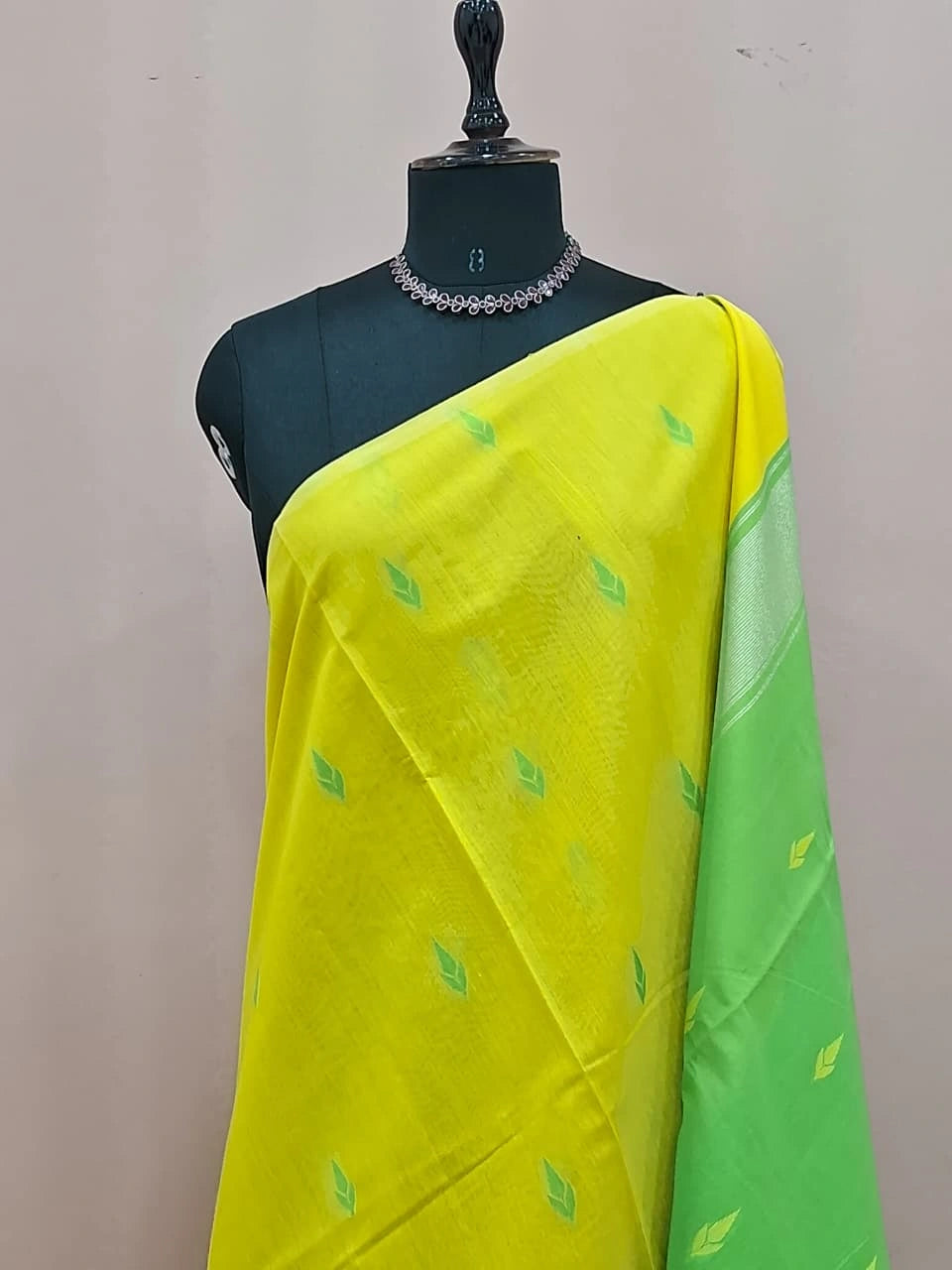 Lemon Yellow Semi Maheshwari Silk Cotton Saree 1