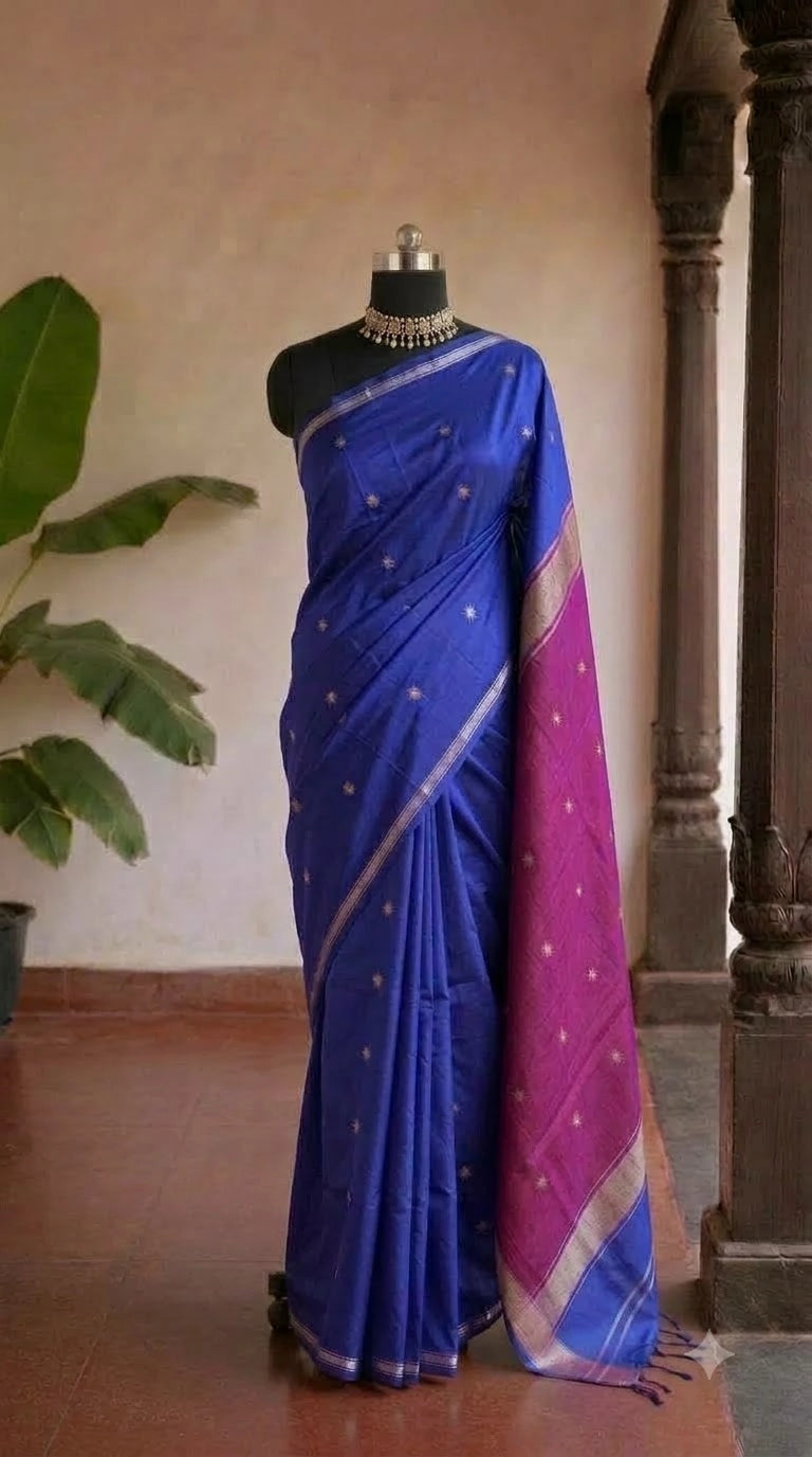 Blue Semi Maheshwari Silk Cotton Saree