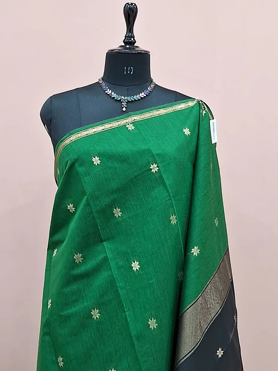 Bottle Green Semi Maheshwari Silk Cotton Saree 1