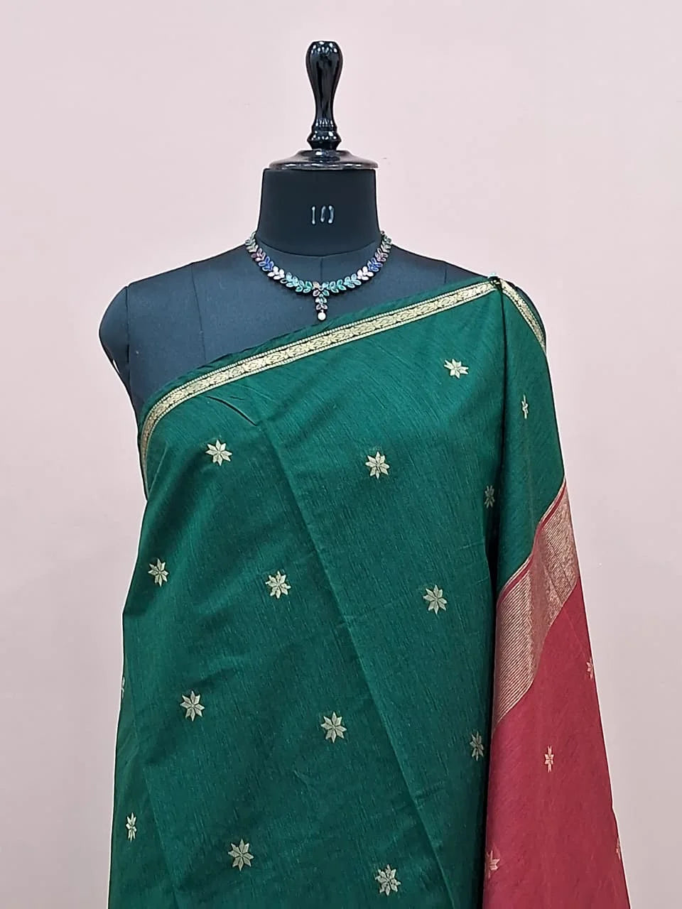 Dark Bottle Green Semi Maheshwari Silk Cotton Saree 1
