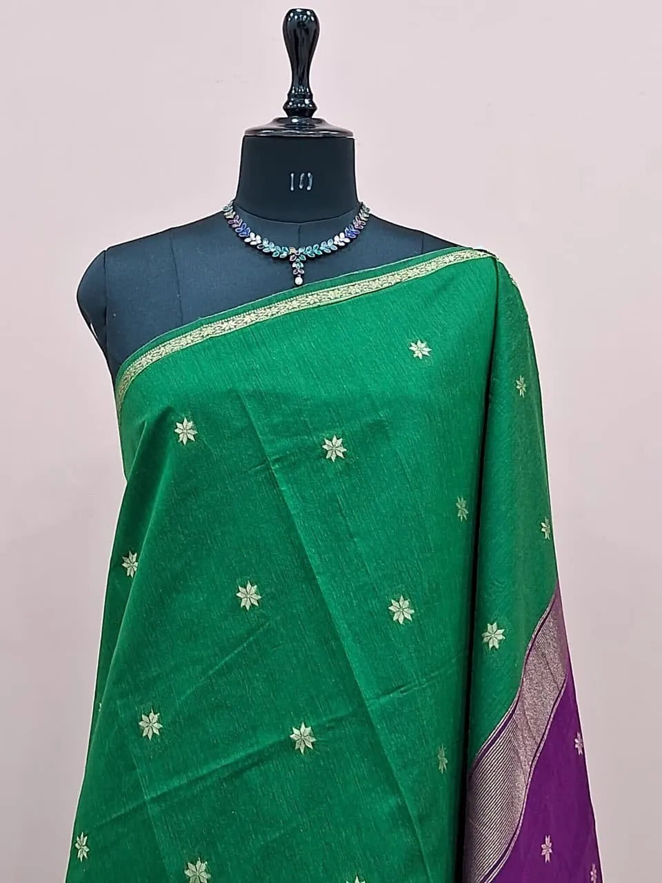 Leaf Green Semi Maheshwari Silk Cotton Saree 1