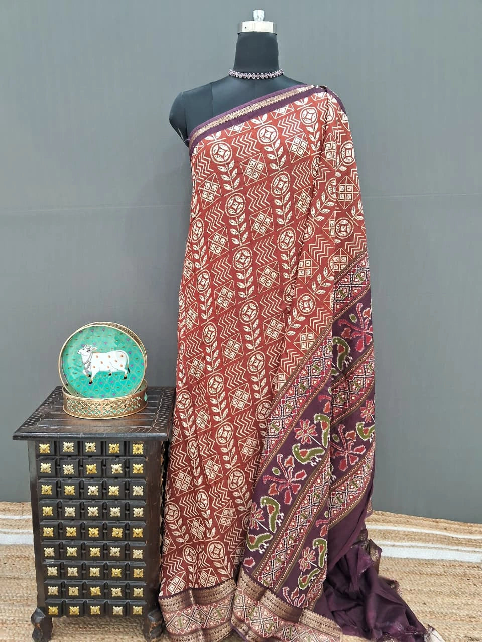 Brick Red Moonga silk Saree with Cream Print