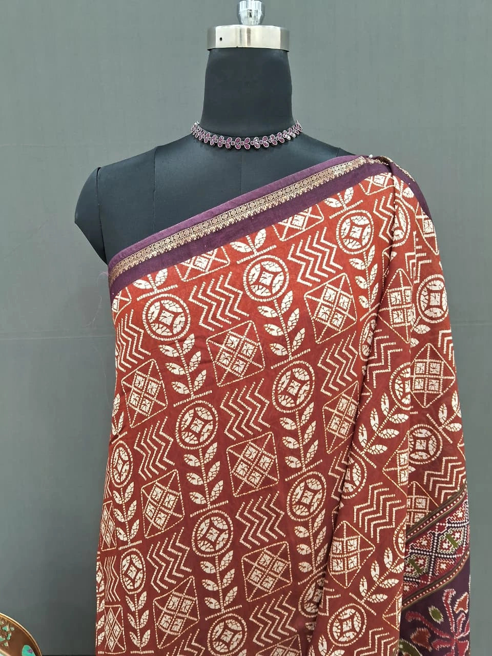 Brick Red Moonga silk Saree with Cream Print 1