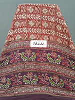 Brick Red Moonga silk Saree with Cream Print Pallu