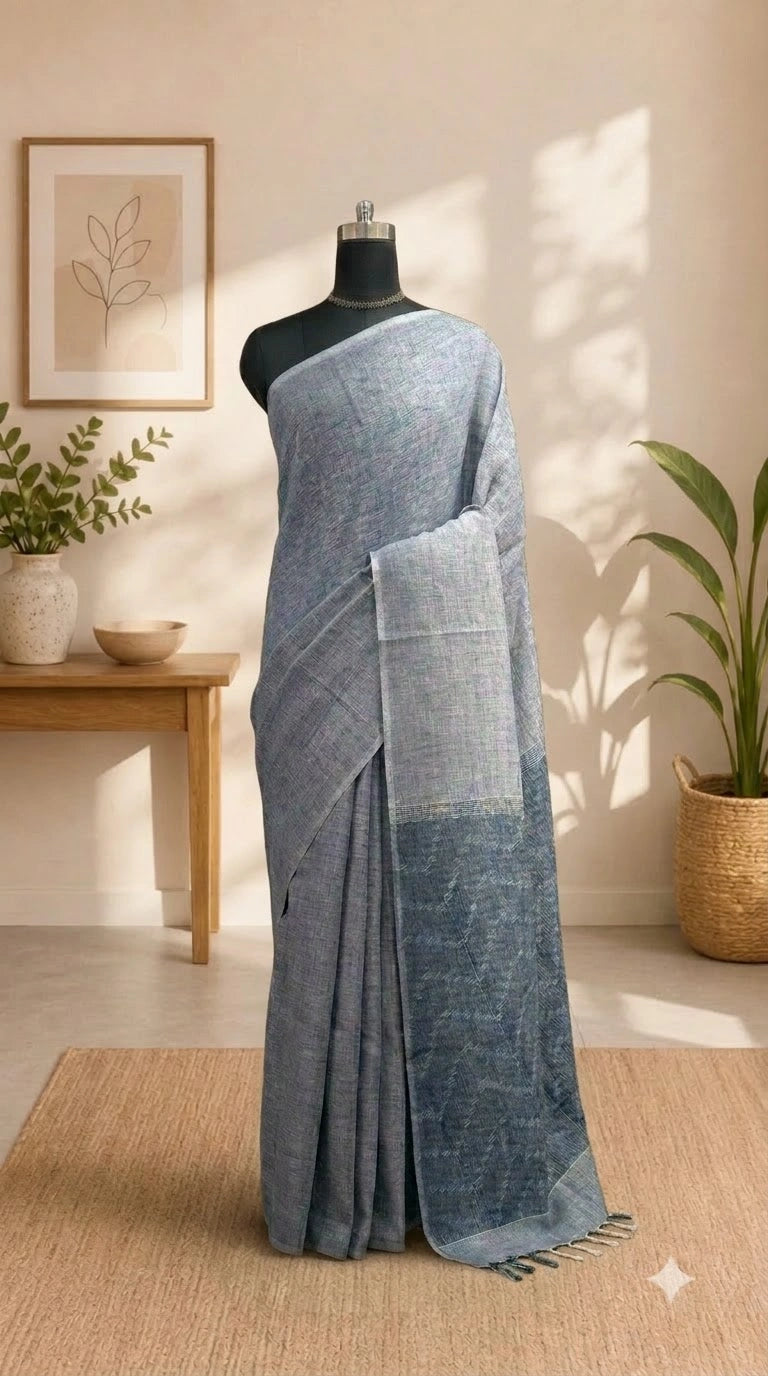 Elephant Grey Pure Linen Saree 