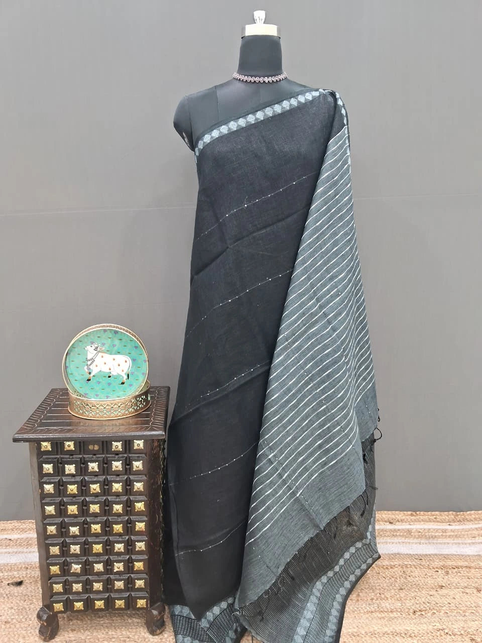 Black Pure Linen Saree 