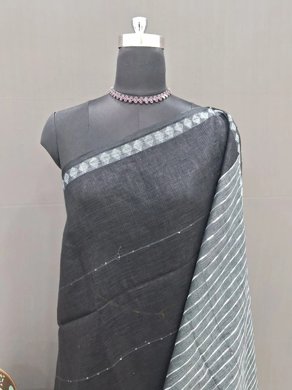 Black Pure Linen Saree 1