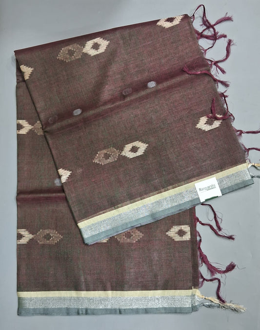 Dark Brown Pure Linen Saree