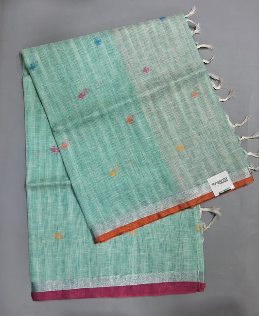 Sea Blue with White Pure Linen Saree