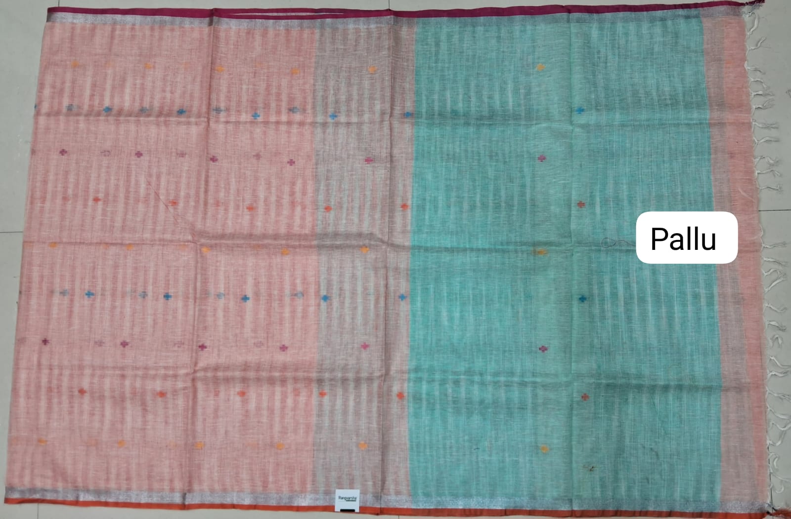 Peach with White Pure Linen Saree pallu